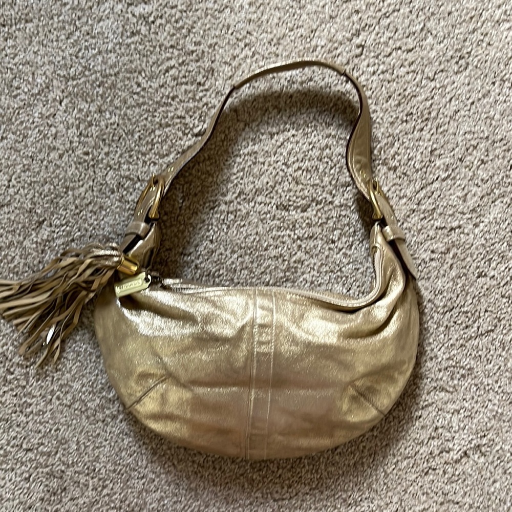 Coach Gold Metallic Leather Hobo Shoulder Bag Purse with Tassel
